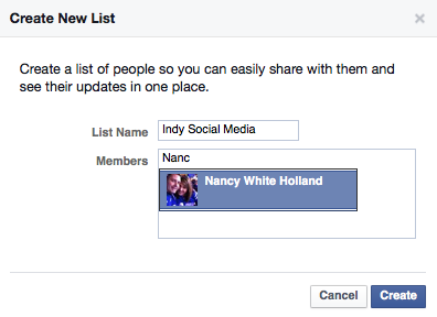 Facebook Create New LIst view